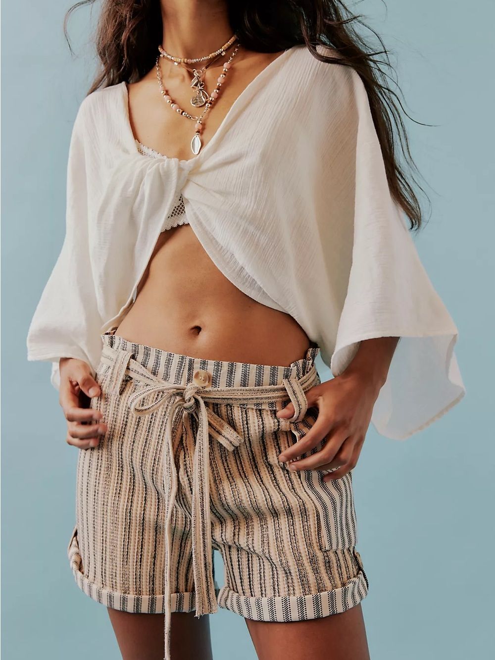 FP One Free People Harriet Striped Shorts Small Blue Cream Paperbag Beach Resort